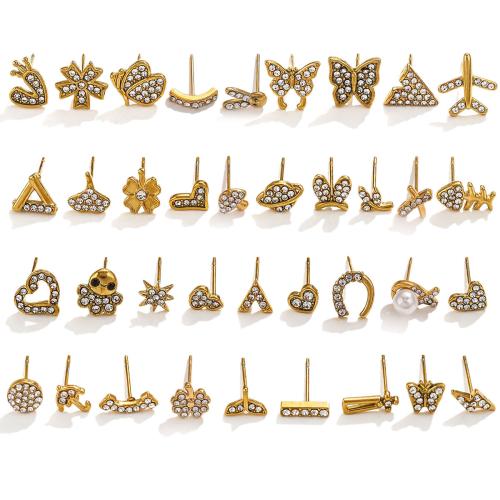 Stainless Steel Rhinestone Stud Earring, 304 Stainless Steel & for woman & with rhinestone, golden 