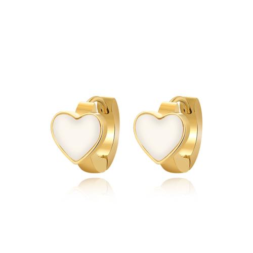 Boucles d'oreilles en acier titane, avec coquille, coeur, Placage, pour femme, doré, Vendu par paire