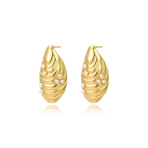 Boucles d'oreilles en acier titane, avec perle de plastique, Placage, pour femme, doré, Vendu par paire