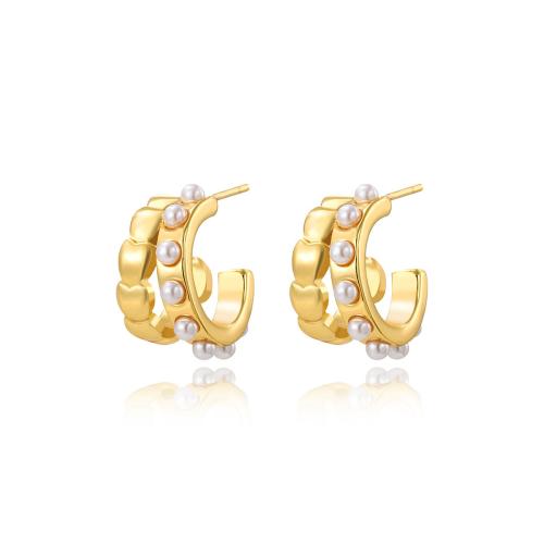 Boucles d'oreilles en acier titane, avec perle de plastique, Placage, pour femme, Or, Vendu par paire