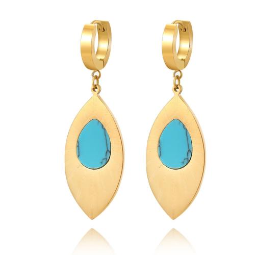 Boucles d'oreilles en acier titane, avec turquoise, Placage, pour femme, doré, Vendu par paire