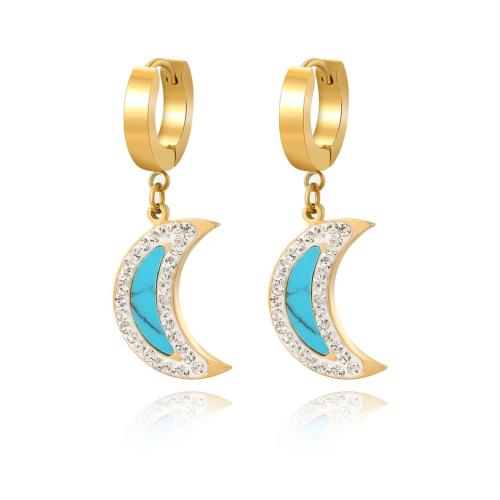 Boucles d'oreilles en acier titane, avec turquoise, Placage, pavé de micro zircon & pour femme, doré, Vendu par paire