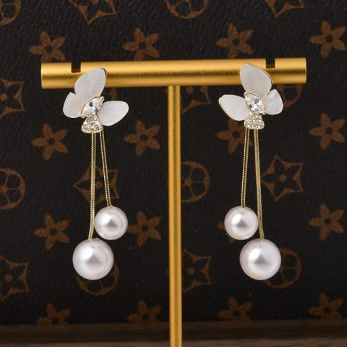 Brass Drop Earring, with Shell & Plastic Pearl, gold color plated, fashion jewelry & with rhinestone, golden, 52mm [