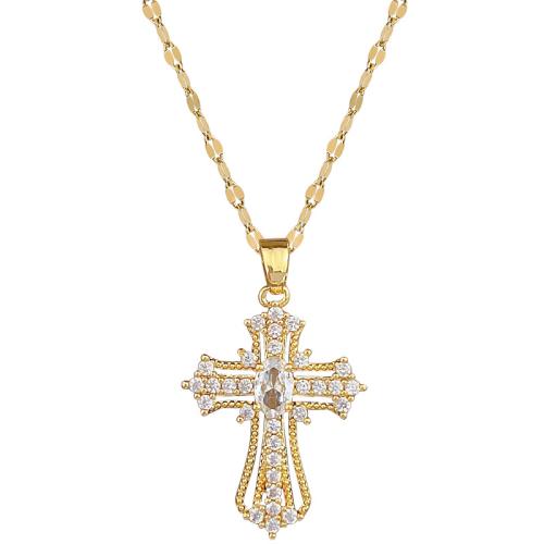 Titanium Steel Necklace, with Brass, with 2inch extender chain, Cross, gold color plated, micro pave cubic zirconia & for woman Approx 15.7 Inch [