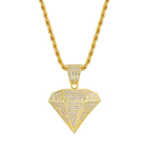 Cubic Zircon Micro Pave Brass Necklace, Diamond Shape, fashion jewelry & micro pave cubic zirconia & for woman, golden Approx 50 cm [