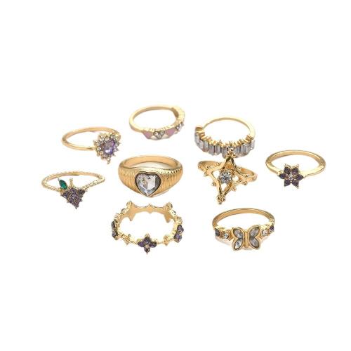 Zinc Alloy Ring Set, gold color plated, 9 pieces & for woman & enamel & with rhinestone [