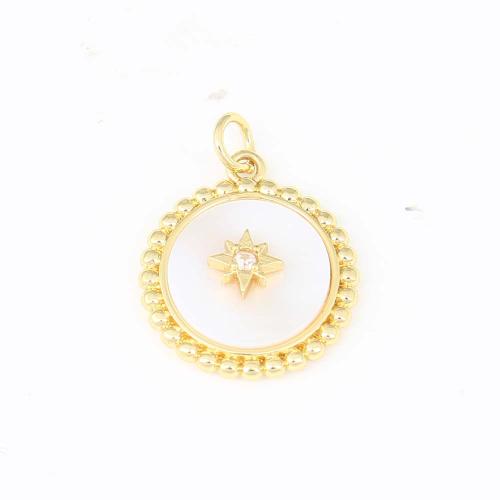 Enamel Brass Pendants, Round, gold color plated, DIY & micro pave cubic zirconia, white 