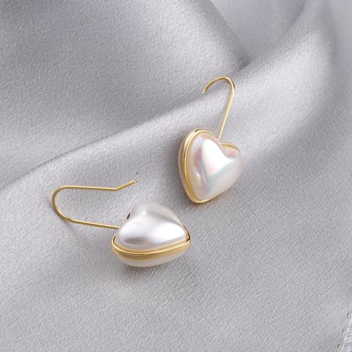 Brass Drop Earring, Copper Alloy, with Plastic Pearl, Heart, gold color plated, fashion jewelry, golden [