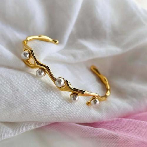 Stainless Steel Cuff Bangle, 304 Stainless Steel, with Plastic Pearl, gold color plated, fashion jewelry, golden [