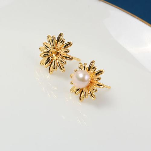 Brass Earring Stud Component, Daisy, real gold plated, DIY, golden [