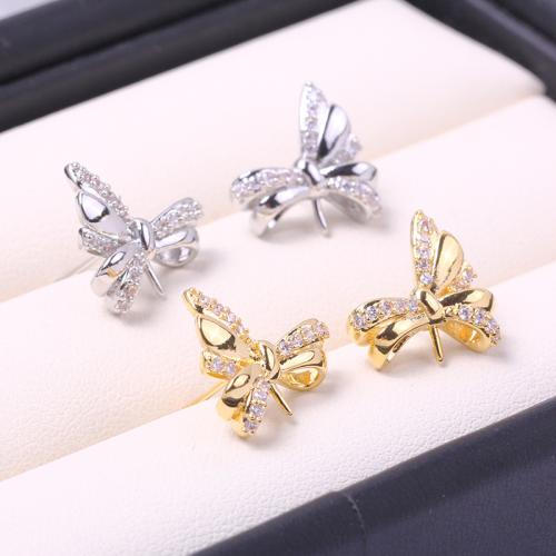 Brass Earring Stud Component, Bowknot, real gold plated, DIY & micro pave cubic zirconia 13mm [