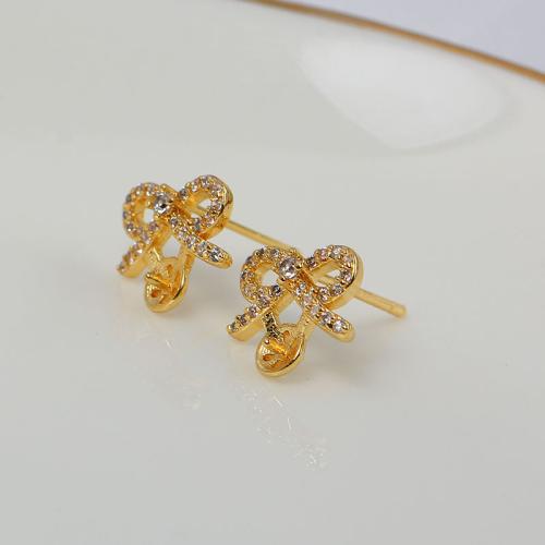 Brass Earring Stud Component, Bowknot, real gold plated, DIY & micro pave cubic zirconia [