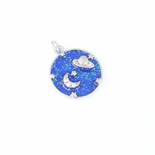 Cubique Pendentif en laiton zircon pavent, Rond, Placage de couleur argentée, DIY & pavé de micro zircon & émail, bleu Vendu par PC