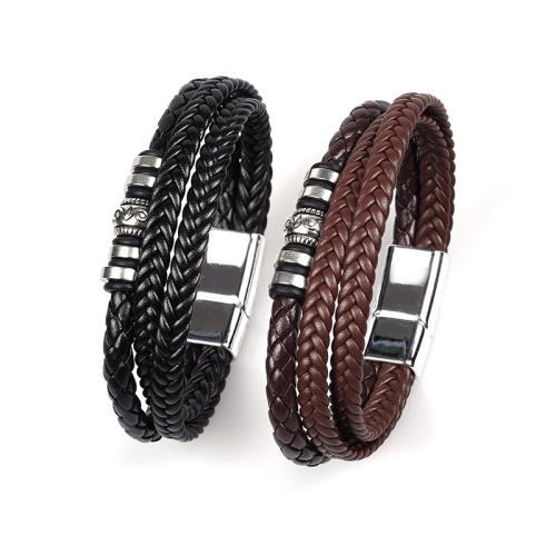 Pulseras de Cordón de PU, Cuero de PU, con acero inoxidable 304, multicapa & estilo popular & para hombre, más colores para la opción, longitud:aproximado 7-9 Inch, Vendido por UD[