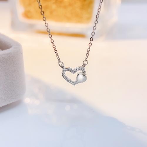 Cubic Zirconia Micro Pave Sterling Silver Necklace, 925 Sterling Silver, Heart, fashion jewelry & micro pave cubic zirconia & for woman Approx 45 cm 