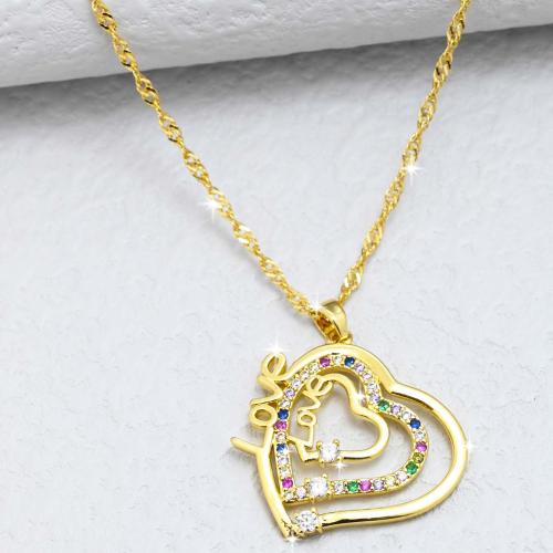 Cubic Zircon Micro Pave Brass Necklace, Heart, gold color plated, fashion jewelry & micro pave cubic zirconia & for woman Approx 44 cm [