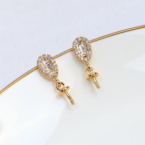 Brass Earring Stud Component, real gold plated, DIY & micro pave cubic zirconia 14mm [