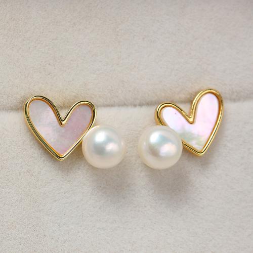 Brass Earring Stud Component, with Shell, Heart, real gold plated, DIY, gold, 16mm [