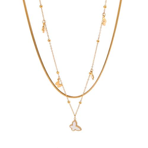 Acier titane collier, avec coquille blanche, avec 2inch chaînes de rallonge, papillon, Plaqué or 18K, Double couche & pavé de micro zircon & pour femme Environ 15.7 pouce, Environ 15 pouce, Vendu par PC