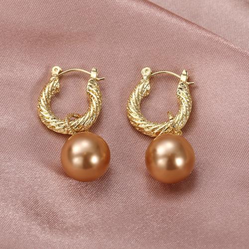 Brass Drop Earring, with Plastic Pearl, fashion jewelry & for woman, golden, 38mm [