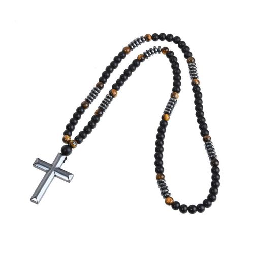 Gemstone Necklaces, Obsidian, with Abrazine Stone & Tiger Eye & Hematite, Cross, fashion jewelry & for man 