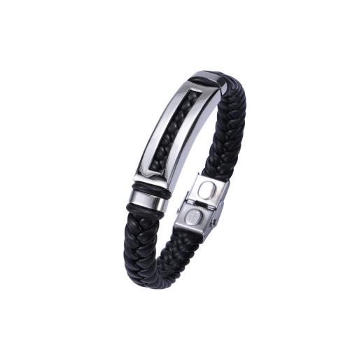 bracelet de cordon en PU , Acier titane, avec cuir PU, poli, unisexe, noire, Vendu par PC