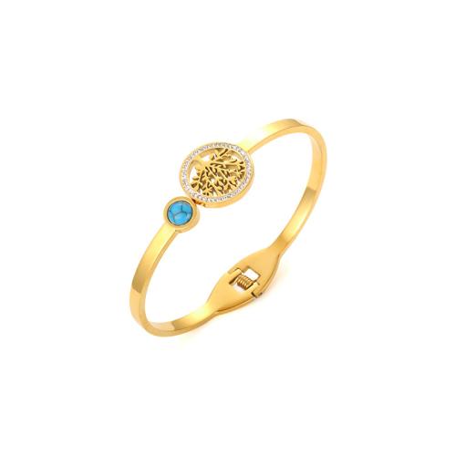 304 Stainless Steel Bangle, with turquoise, Tree, 18K gold plated & for woman & epoxy gel & with rhinestone 