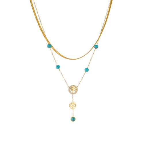 Acier titane collier, avec turquoise, avec 1.96inch chaînes de rallonge, Arbre de vie, Placage de couleur d'or, Double couche & bijoux de mode & pour femme Environ 16.53 pouce, Vendu par PC