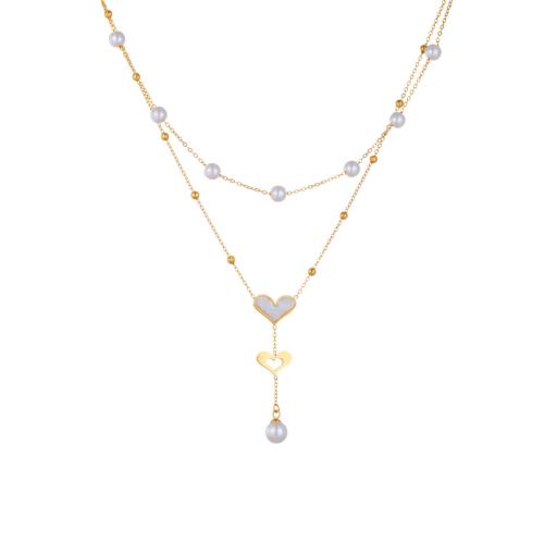 Acier titane collier, avec coquille blanche & perle de plastique, avec 2inch chaînes de rallonge, coeur, Placage de couleur d'or, Double couche & pour femme Environ 15.7 pouce, Vendu par PC