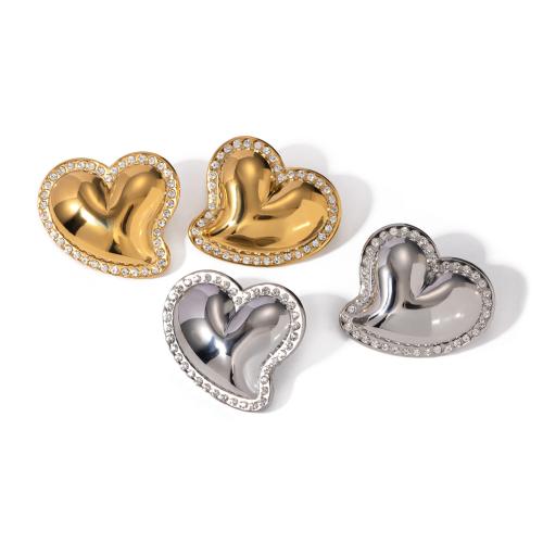 Stainless Steel Rhinestone Stud Earring, 304 Stainless Steel, Heart, Vacuum Ion Plating, fashion jewelry & for woman & with rhinestone 