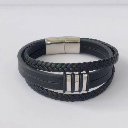 Pulseras de Cordón de PU, Cuero de PU, con acero inoxidable 304, Joyería & longitud diferente para la opción & para hombre, Negro, Vendido por UD[