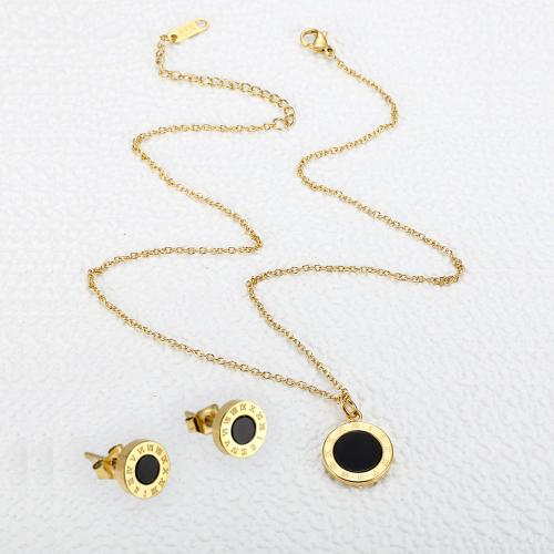 Titanio conjunto de joyas de acero, Partículas de acero, Pendiente de stud & collar, Esférico, chapado en color dorado, para mujer & esmalte, Negro, Vendido por Set