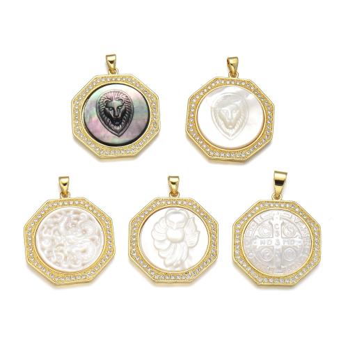 Brass Shell Pendants, with Black Shell & White Shell, plated, DIY & micro pave cubic zirconia 