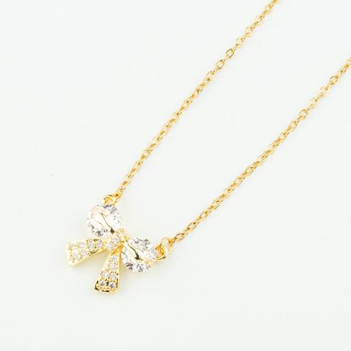 Collier en laiton cubique Zircon Micro Pave, Acier inoxydable 304, avec laiton, Noeud papillon, Placage, pavé de micro zircon & pour femme, doré Environ 50 cm, Vendu par PC