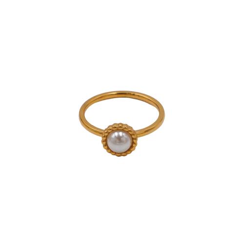 Partículas de acero anillo, con Perlas plásticas, chapado en color dorado, Joyería & para mujer, tamaño:8, Vendido por UD[