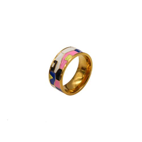 Titanium Steel Finger Ring, gold color plated, Hand-Painted Enamel Glaze & for woman, US Ring 