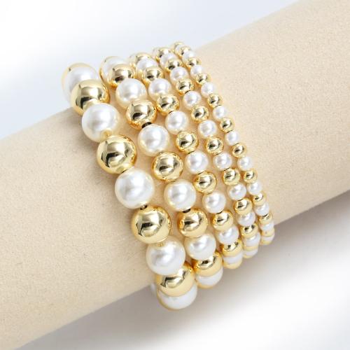 Pulseras de acero inoxidable, metal, con Perlas plásticas, 18K chapado en oro, Ajustable & unisexo & diverso tamaño para la opción, dorado, longitud:aproximado 14-24 cm, Vendido por Sarta[