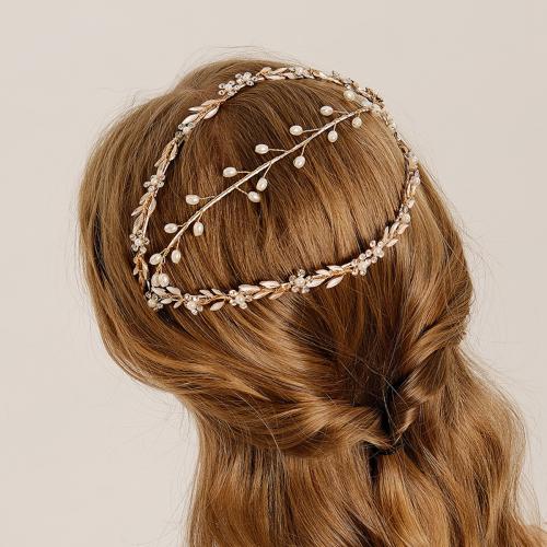 Hair Bands, Zinc Alloy, with Plastic Pearl, gold color plated, for woman & with rhinestone [