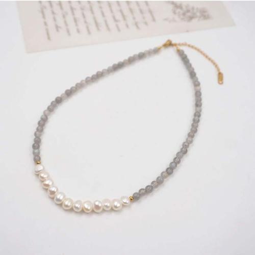 Natural Freshwater Pearl Jewelry Sets, Moonstone, with Titanium Steel & Freshwater Pearl, fashion jewelry mixed colors, Necklace 38+6cm, bracelet 16+5cm [