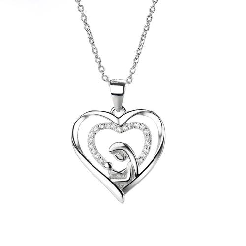 Cubic Zirconia Micro Pave Sterling Silver Necklace, 925 Sterling Silver, Heart, micro pave cubic zirconia & for woman, platinum color Approx 41-50 cm 