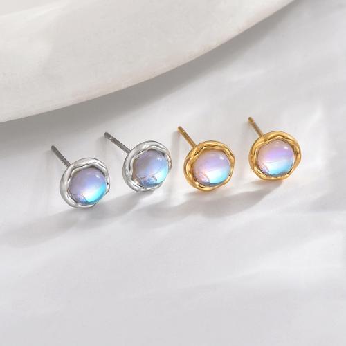 Acier titane boucle d oreille dormeuse, avec Moonstone, Placage, bijoux de mode & pour femme, plus de couleurs à choisir, 6mm, Vendu par paire