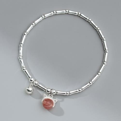 Argent sterling 925 bracelet, avec Strawberry Quartz, chat, bijoux de mode & pour femme Environ 6.3-9.8 pouce, Vendu par PC