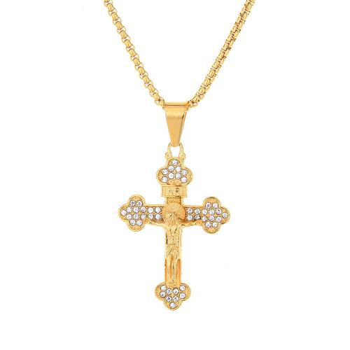 Stainless Steel Cross Pendants, 316 Stainless Steel, fashion jewelry & Unisex & with rhinestone, golden 