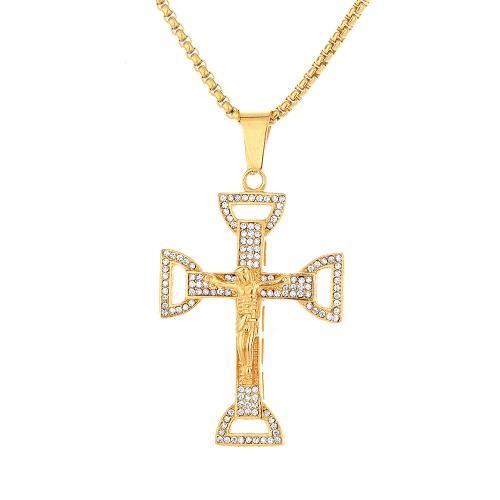 Stainless Steel Cross Pendants, 316 Stainless Steel, fashion jewelry & Unisex & with rhinestone, golden 