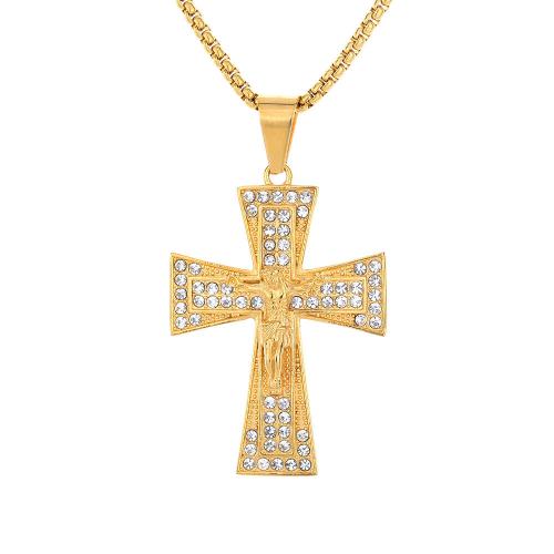 Stainless Steel Cross Pendants, 316 Stainless Steel, fashion jewelry & Unisex & with rhinestone, golden 