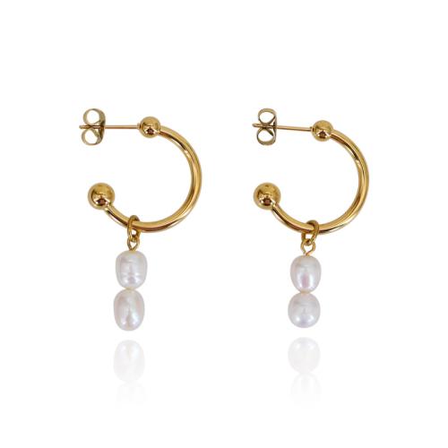 Boucles d'oreilles en acier titane, avec perle d'eau douce cultivée, Placage, styles différents pour le choix & pour femme, doré, Vendu par paire