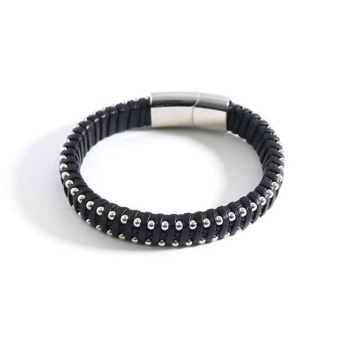 bracelet de cordon en PU , Acier inoxydable 304, avec cordon en cuir, styles différents pour le choix & pour homme, noire, Vendu par PC[