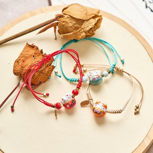 Porcelain Bracelet, with Polyester Cord & Zinc Alloy, Fortune Cat, handmade, braided & for woman Approx 6-10 Inch 