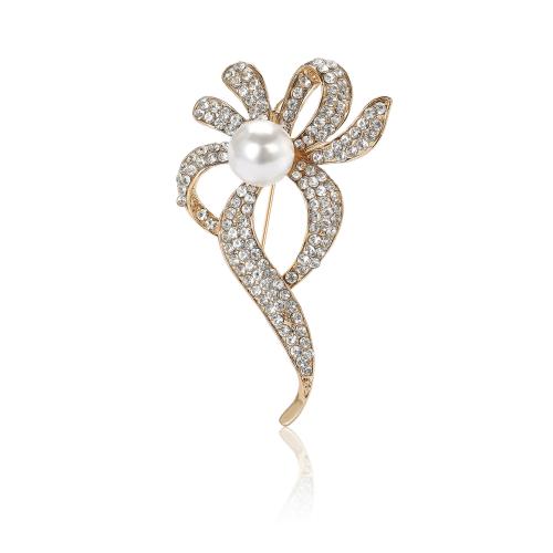 Rhinestone Zinc Alloy Brooch, with Plastic Pearl, Flower, plated, for woman & with rhinestone 