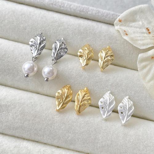 Brass Earring Stud Component, Leaf, plated, DIY 